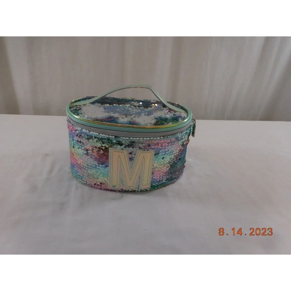 Girl's Justice Gold Flip Sequin Initial M Train Case Jewelry Makeup Case‎ Bag